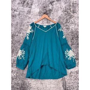 Sundance Teal Blouse with White Floral Embroidery